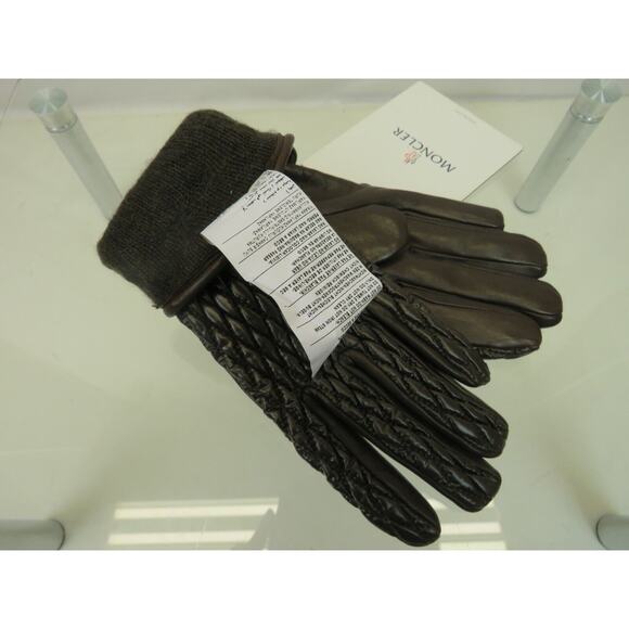 NEW $745 MONCLER QUILTED LEATHER WOOL LINING BROWN WINTER WOMEN GLOVES M ITALY - Picture 10 of 12